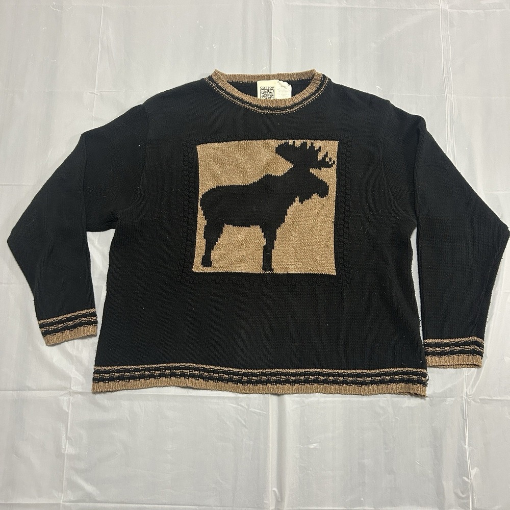 Vintage Cotton Country Sweater Women's Medium Knit Moose Nature Animal Black